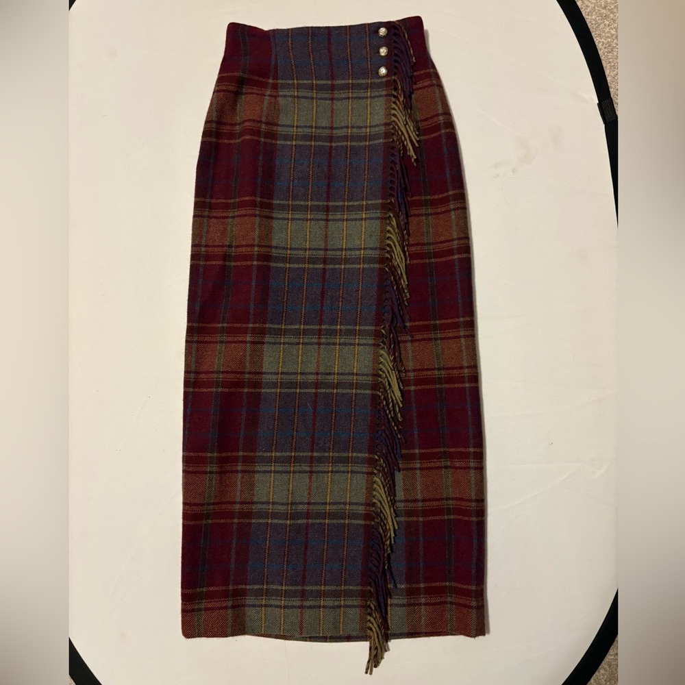 Vintage Ralph Lauren Plaid Wool Wrap Skirt Fringe Long Pencil Midi Equestrian S - Picture 4 of 12